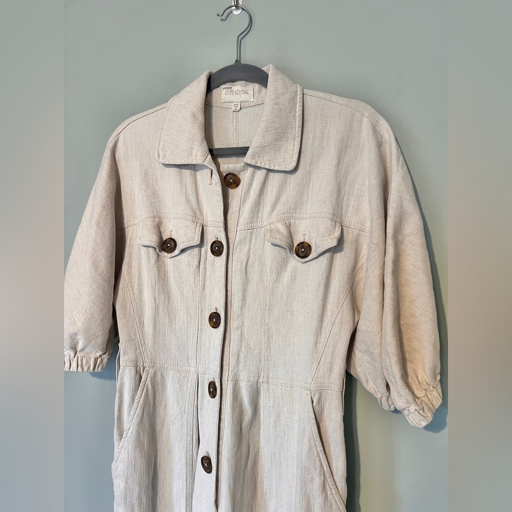 Divine Heritage Princess Cotton Linen Cargo Puff Sleeve Jumpsuit‎ Tan Size Small - Picture 7 of 11
